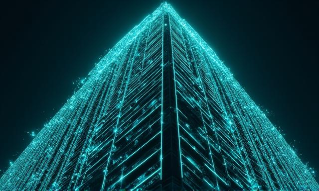 3D wireframe render of a skyscraper being analyzed by AI algorithms