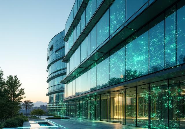 Futuristic architectural rendering with AI data overlays