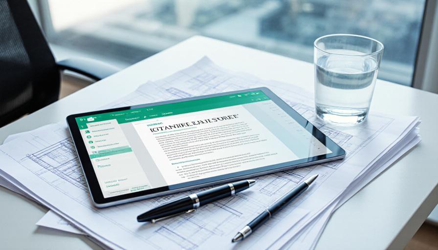 Architectural blueprints and a digital tablet showing legal documentation